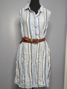 C&C California Blue Striped 100% Linen Sleeveless Shirt Dress 3X